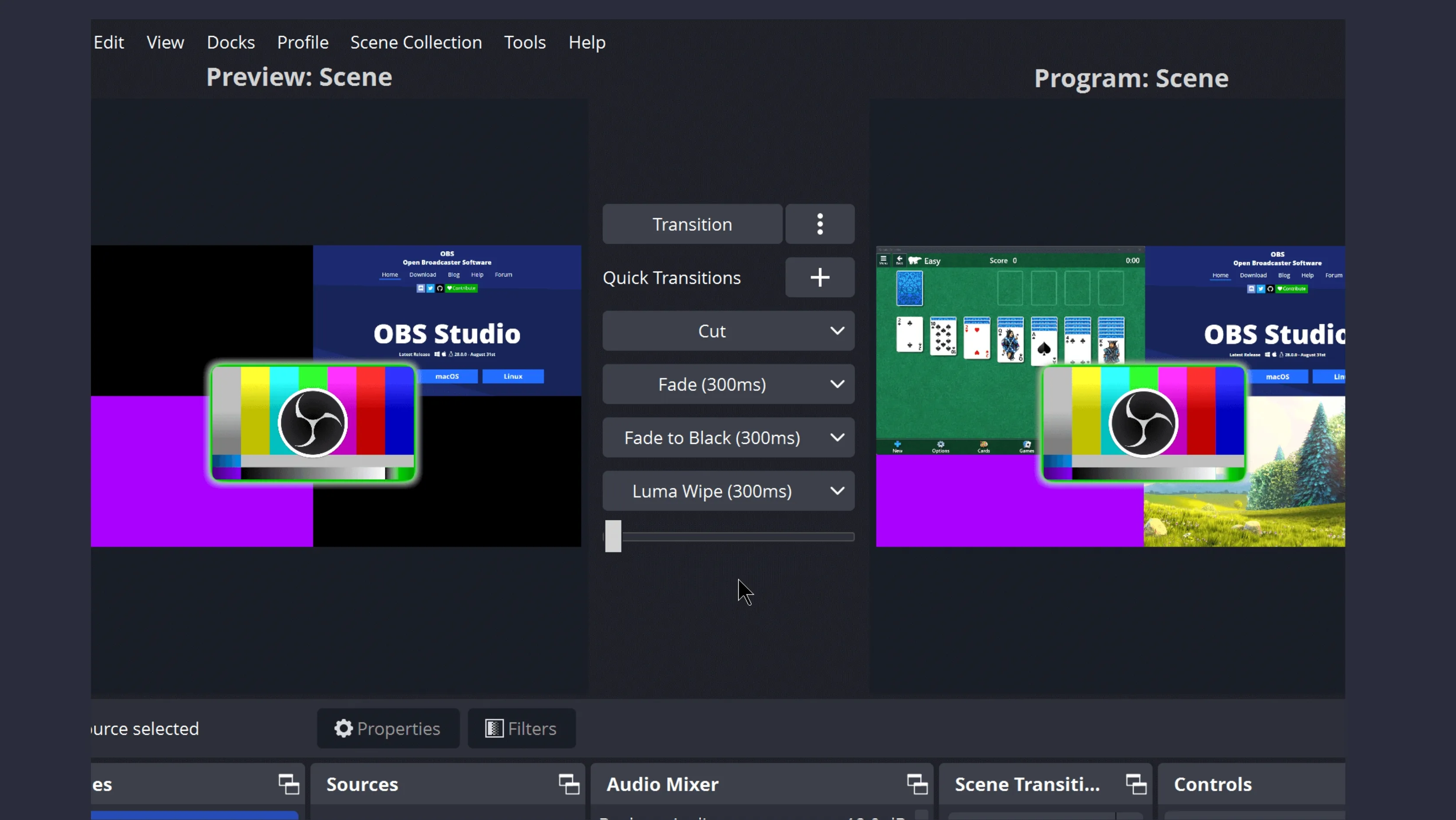 Interface do OBS Studio 31.1.0 mostrando o painel de preview, programa e transições rápidas em ação com múltiplas fontes visuais em streaming.