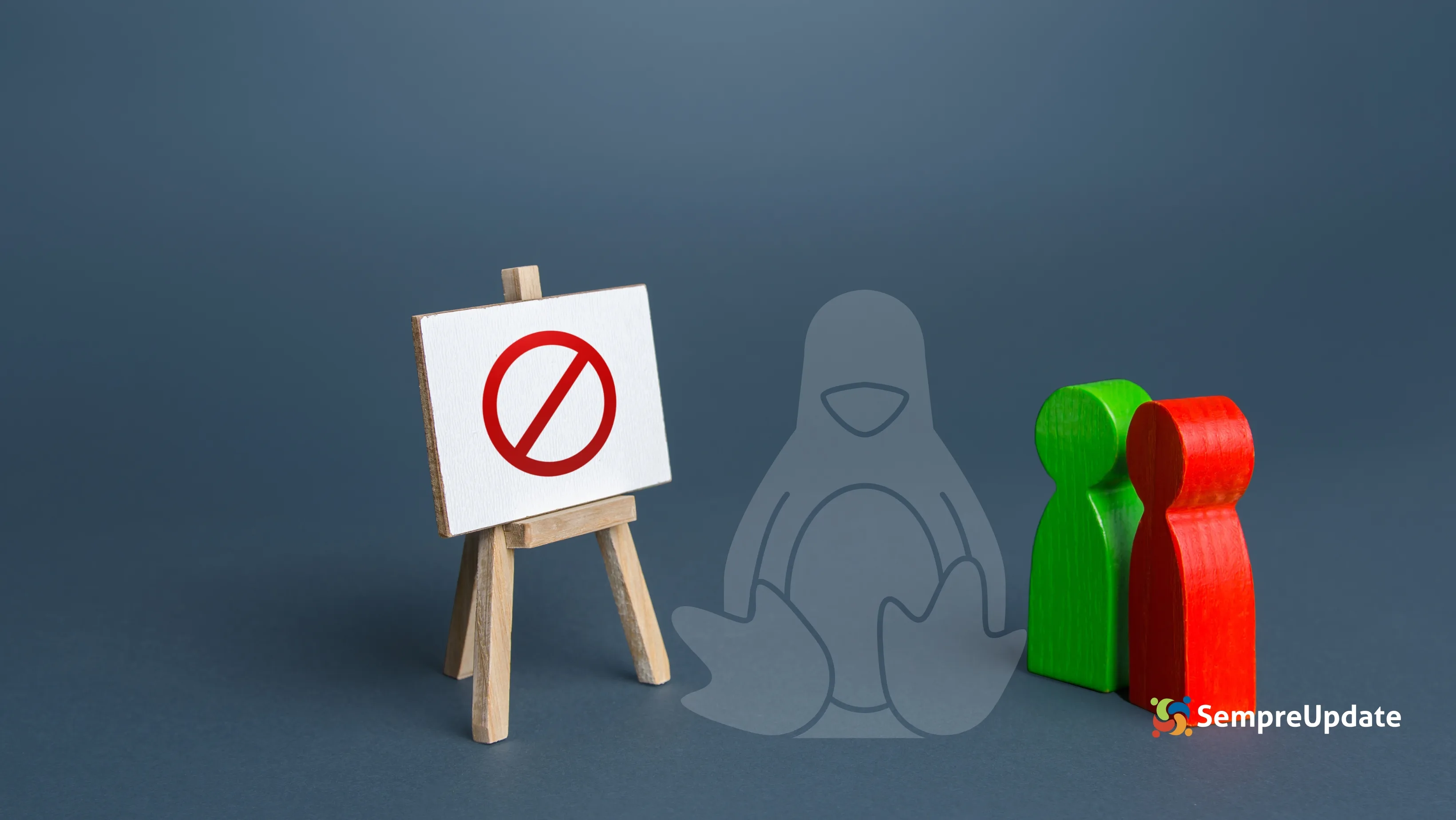 Quadro de proibição ao lado da silhueta do mascote Linux (Tux) e figuras humanas, simbolizando Linux proibido em países e restrições internacionais ao sistema.