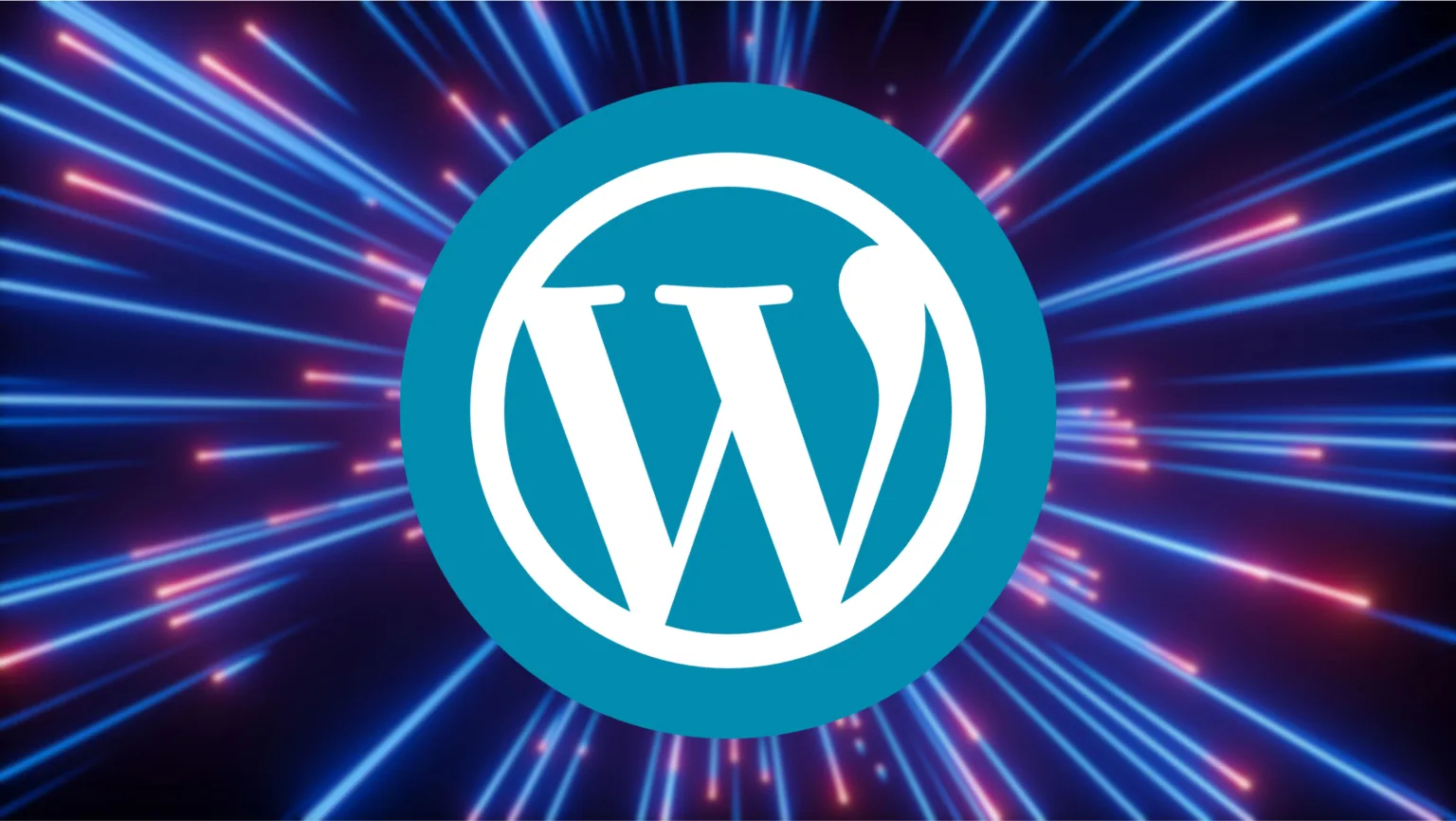 Logo do WordPress em destaque com fundo de feixes de luz, simbolizando o avanço tecnológico e o novo ciclo de lançamentos do WordPress 2025