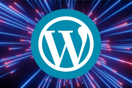 Logo do WordPress em destaque com fundo de feixes de luz, simbolizando o avanço tecnológico e o novo ciclo de lançamentos do WordPress 2025