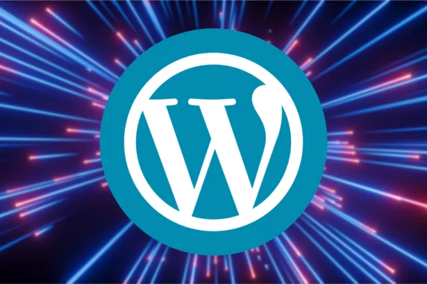 Logo do WordPress em destaque com fundo de feixes de luz, simbolizando o avanço tecnológico e o novo ciclo de lançamentos do WordPress 2025