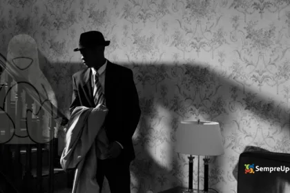 Agente secreto ao estilo noir com sombra e Tux, representando o modo espião Linux agindo discretamente