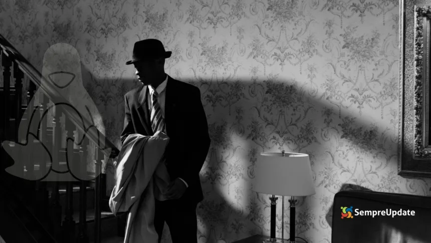 Agente secreto ao estilo noir com sombra e Tux, representando o modo espião Linux agindo discretamente