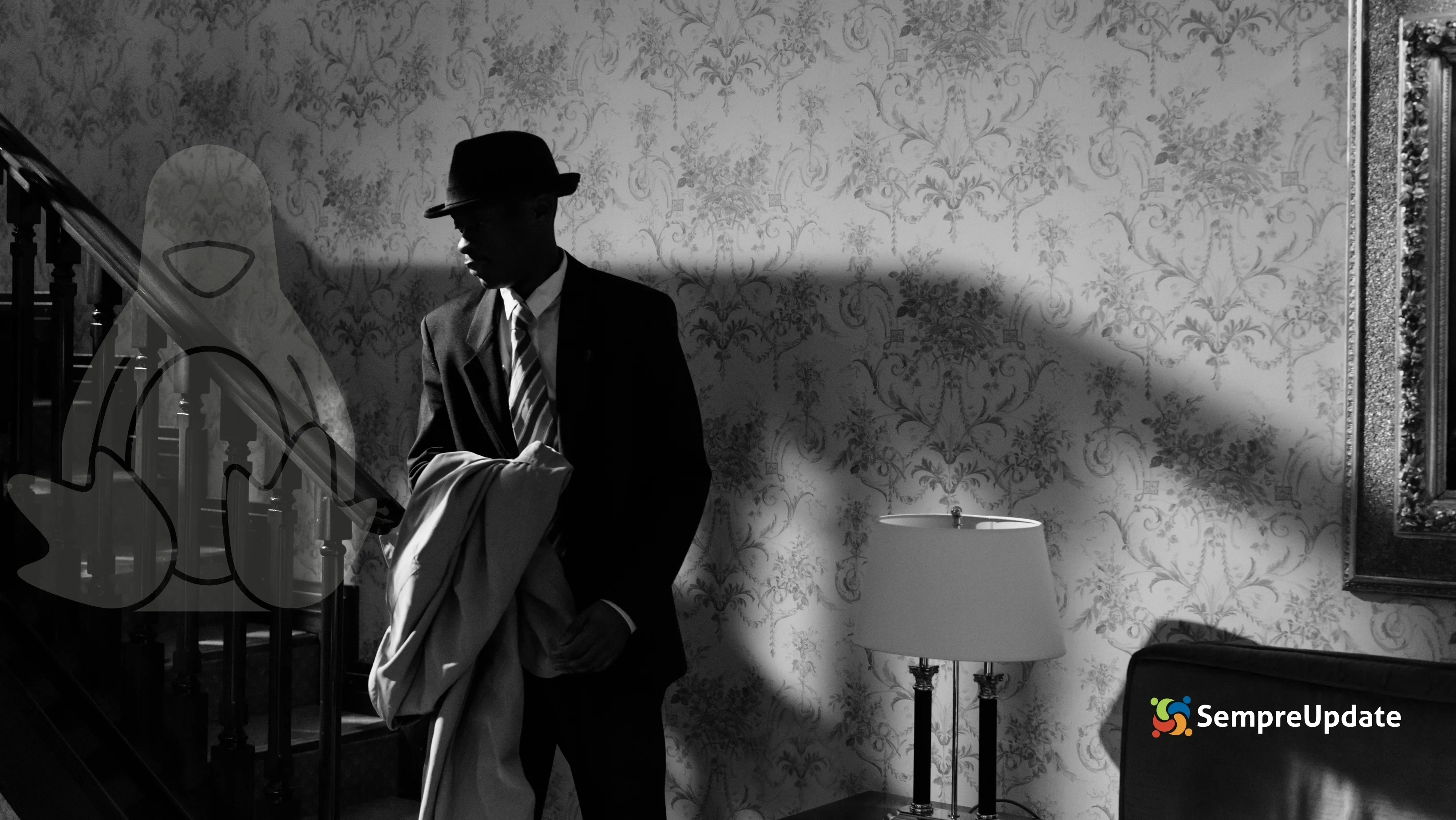 Agente secreto ao estilo noir com sombra e Tux, representando o modo espião Linux agindo discretamente