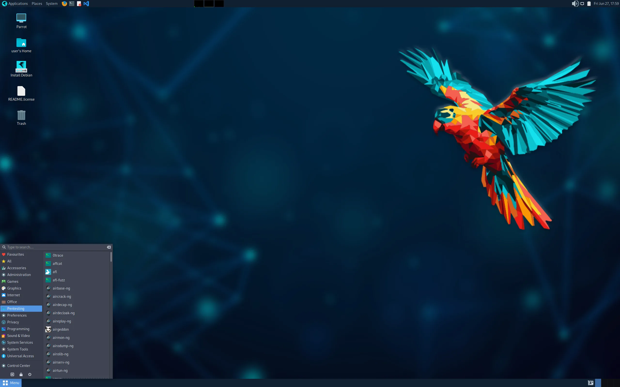 Captura de tela do ambiente desktop do Parrot OS 6.4 com ferramentas de segurança em destaque