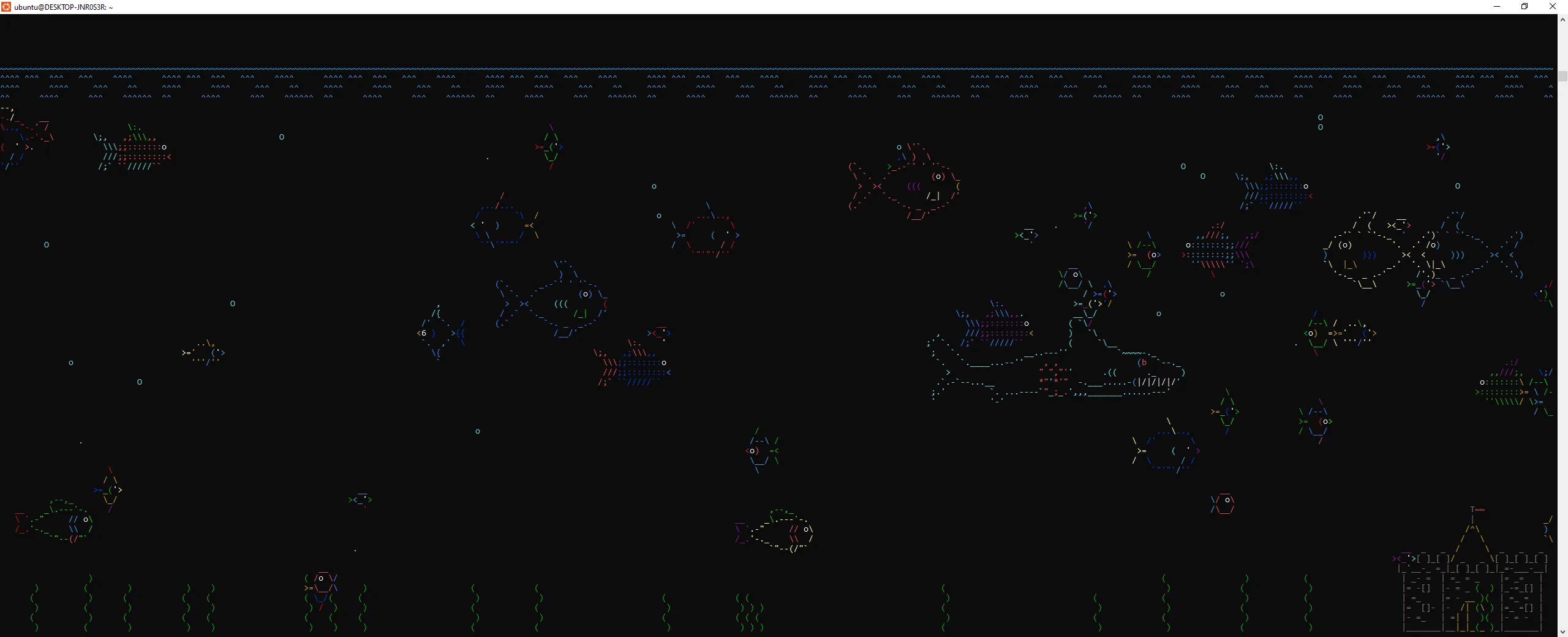 asciiquarium rodando no Linux com animações subaquáticas em ASCII