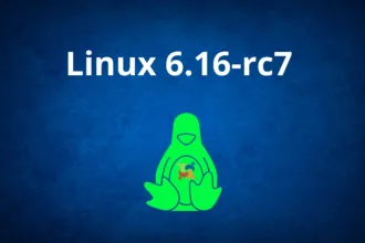 Imagem com fundo azul destacando o texto "Linux 6.16-rc7" e o mascote Tux estilizado, representando o anúncio da nova versão do Kernel Linux.