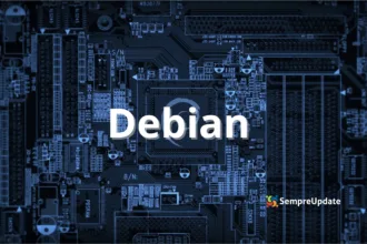 “Ilustração de placa‑mãe azul com o texto ‘Debian’ em destaque ao centro e o logotipo do SempreUpdate no canto inferior direito – imagem de capa para artigo sobre Debian em laptops ARM64 com Qualcomm X Elite.