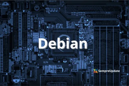 “Ilustração de placa‑mãe azul com o texto ‘Debian’ em destaque ao centro e o logotipo do SempreUpdate no canto inferior direito – imagem de capa para artigo sobre Debian em laptops ARM64 com Qualcomm X Elite.