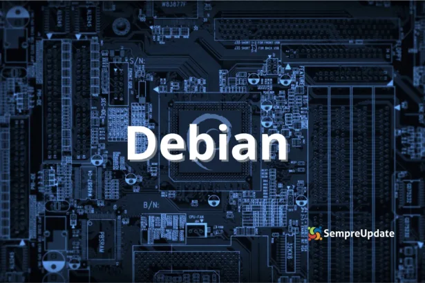 “Ilustração de placa‑mãe azul com o texto ‘Debian’ em destaque ao centro e o logotipo do SempreUpdate no canto inferior direito – imagem de capa para artigo sobre Debian em laptops ARM64 com Qualcomm X Elite.