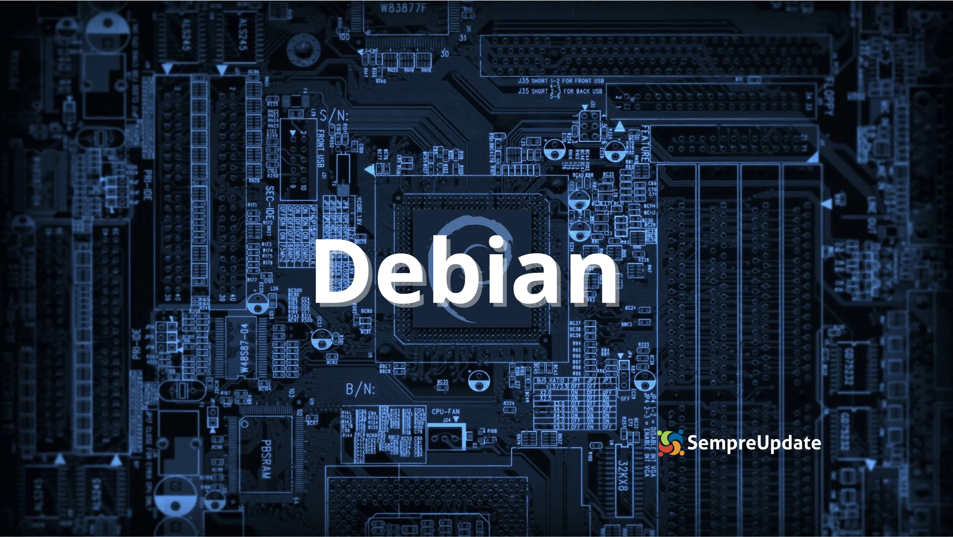 “Ilustração de placa‑mãe azul com o texto ‘Debian’ em destaque ao centro e o logotipo do SempreUpdate no canto inferior direito – imagem de capa para artigo sobre Debian em laptops ARM64 com Qualcomm X Elite.