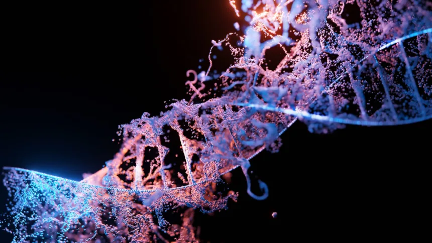 Representação visual da inovação como DNA digital, simbolizando o Fedora como campo de testes da Red Hat para tecnologias que moldam o Linux corporativo.