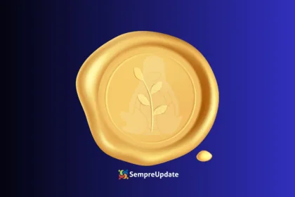 Selo dourado com a silhueta do Tux e um ramo, simbolizando a assinatura fantasma do Kernel Linux