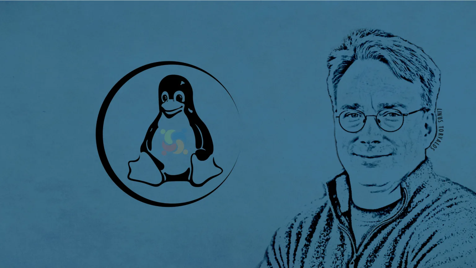 Imagem conceitual de Linus Torvalds com Git e Linux ao fundo.