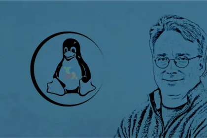 Imagem conceitual de Linus Torvalds com Git e Linux ao fundo.