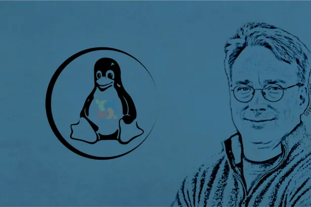 Imagem conceitual de Linus Torvalds com Git e Linux ao fundo.