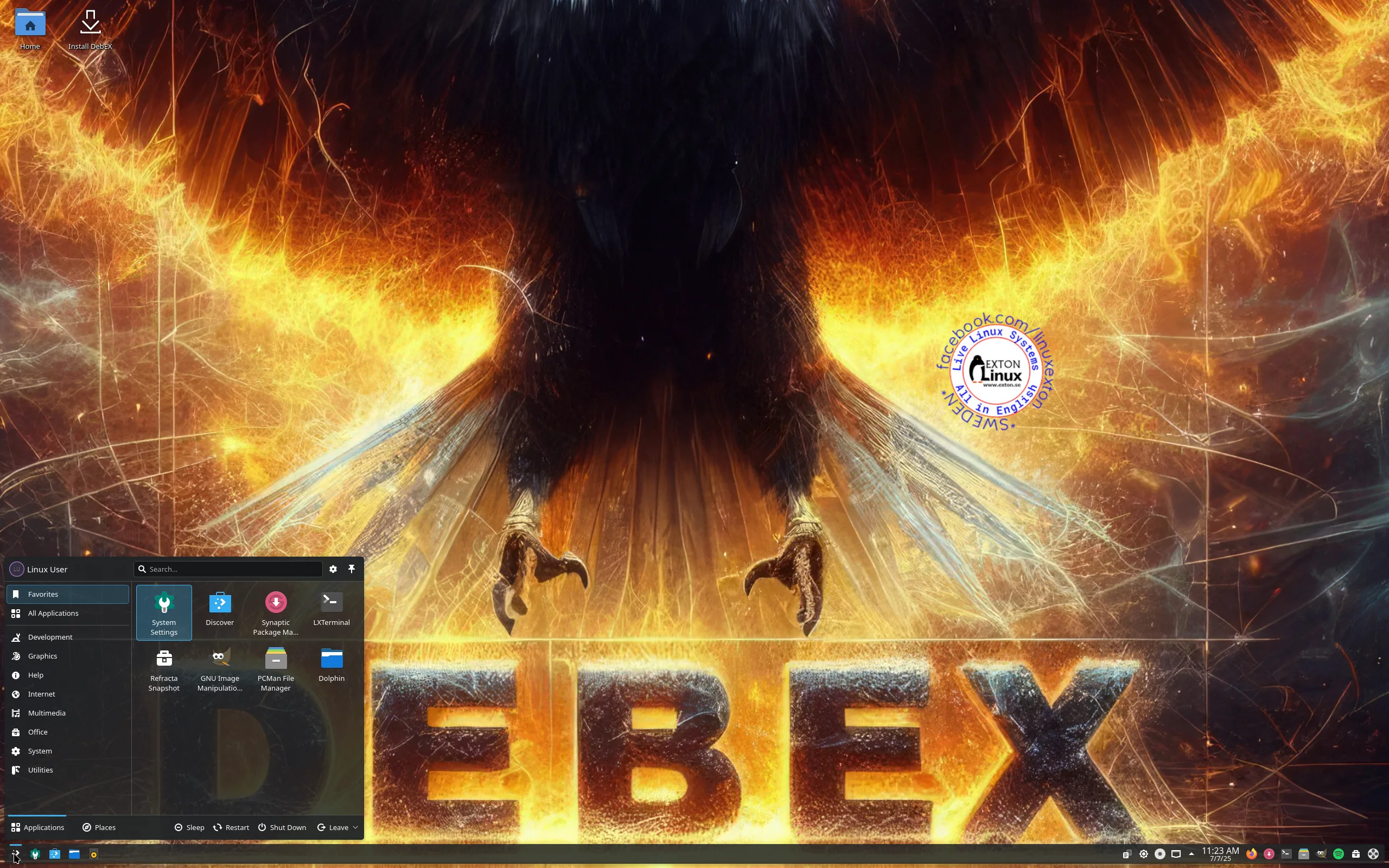 Área de trabalho do DebEX KDE Plasma 250707 exibindo efeitos visuais modernos e foco em personalização.