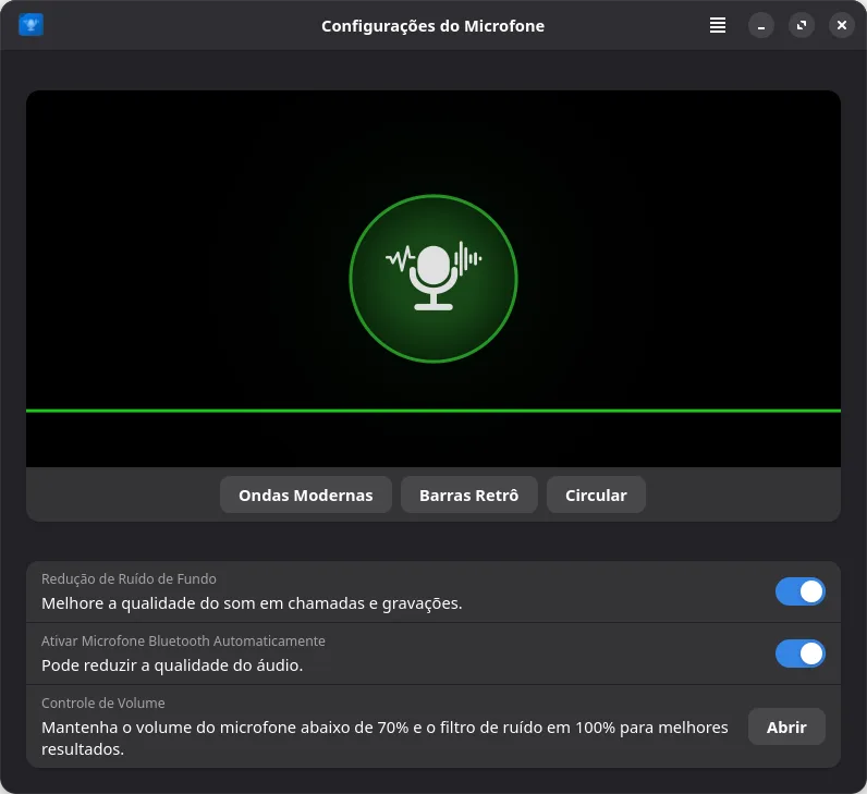 Tela de redução de ruído de fundo do BigLinux mostrando controles para melhorar qualidade do microfone em chamadas e gravações