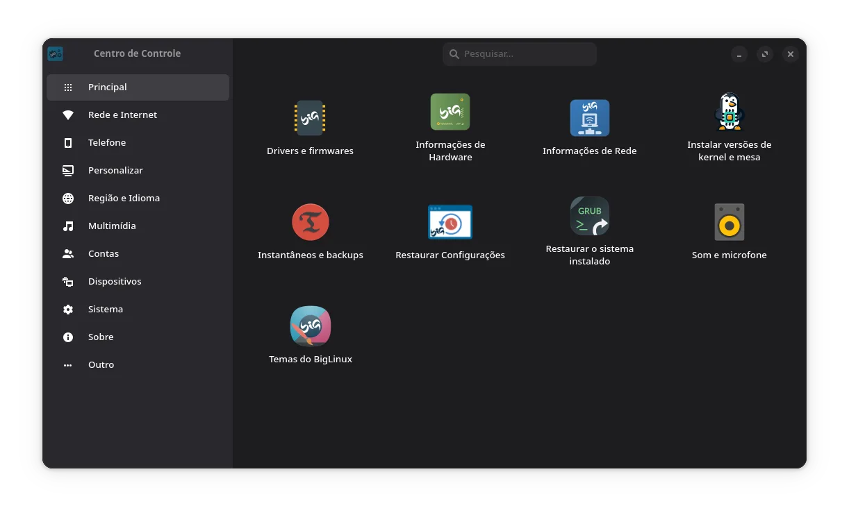 Central de Controle do BigLinux com opções para drivers, firmware, kernel, backup, restauração e configurações de sistema