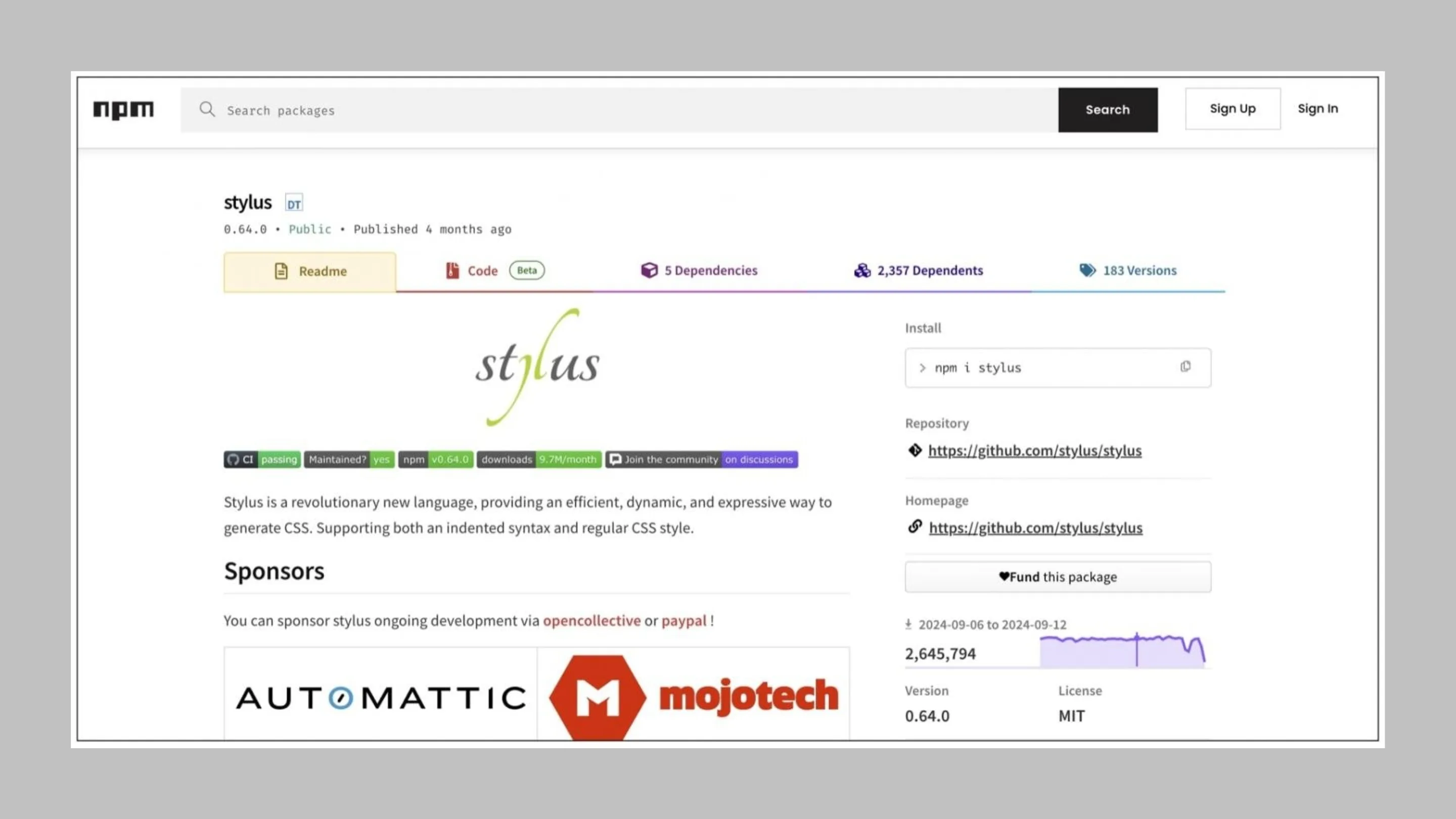 Pacote Stylus no npm recebe milhões de downloads
