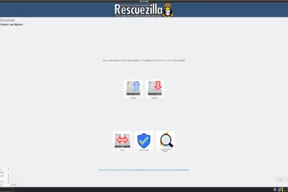 Captura de tela do Rescuezilla 2.6.1 exibindo a tela inicial com as opções Backup, Restore, Clone, Verify Image e Image Explorer (beta)