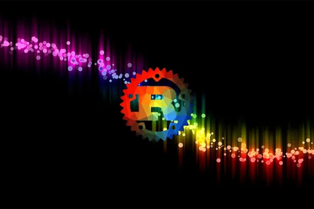 Logotipo da linguagem Rust em destaque com visual colorido e abstrato sobre fundo escuro, representando o dinamismo da programação em Rust no Linux.