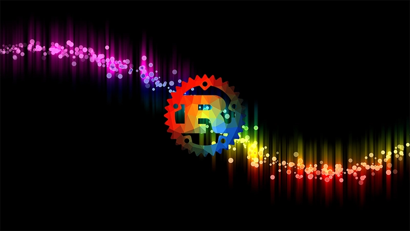 Logotipo da linguagem Rust em destaque com visual colorido e abstrato sobre fundo escuro, representando o dinamismo da programação em Rust no Linux.