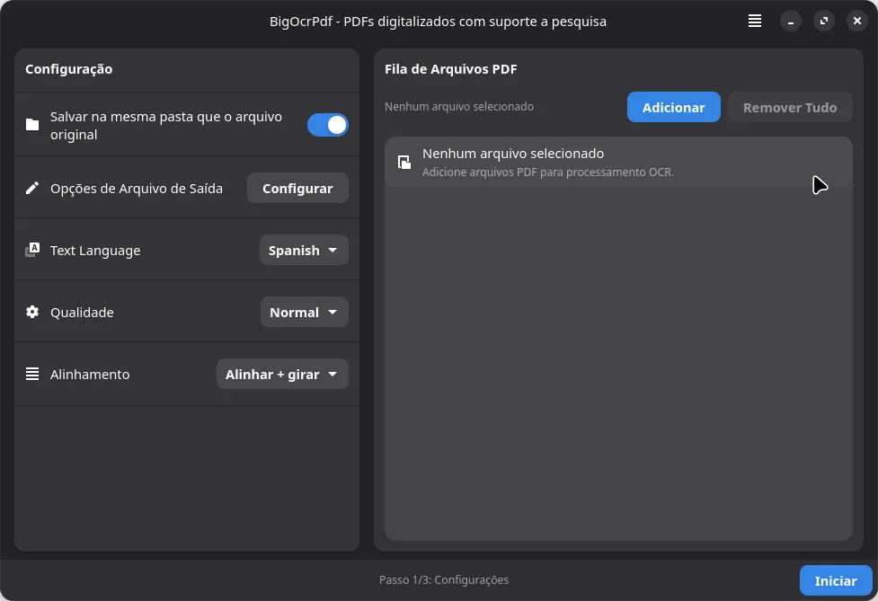BigOCR PDF do BigLinux com opções para digitalizar PDFs, escolher idioma, qualidade e salvar arquivos com OCR