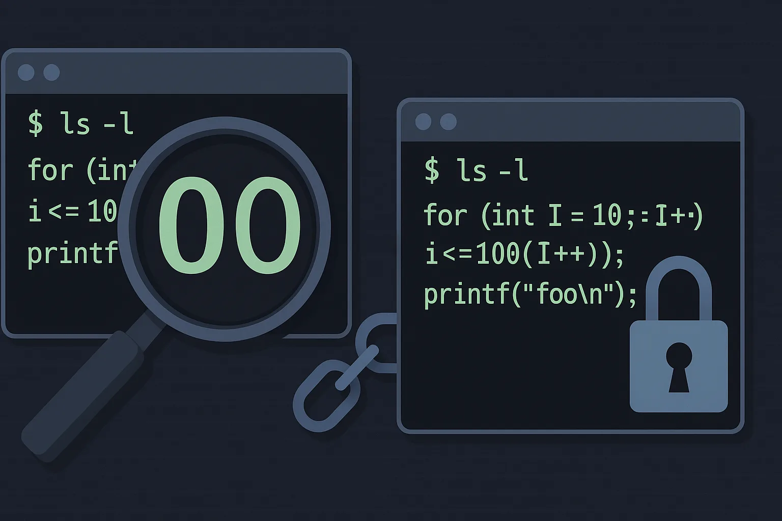 Ilustração sobre fontes do terminal Linux com lupa ampliando os caracteres “0” e “O” e cadeado simbolizando segurança e legibilidade