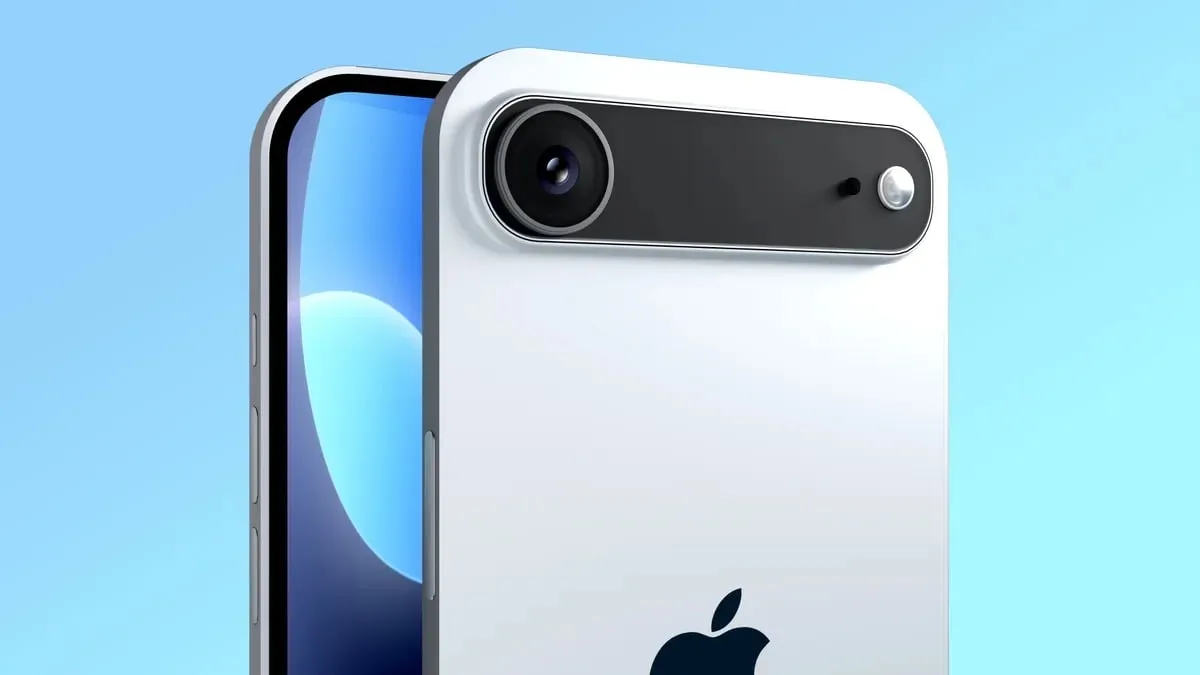 Render do iPhone 17 Air com módulo de câmera horizontal em barra e design ultrafino