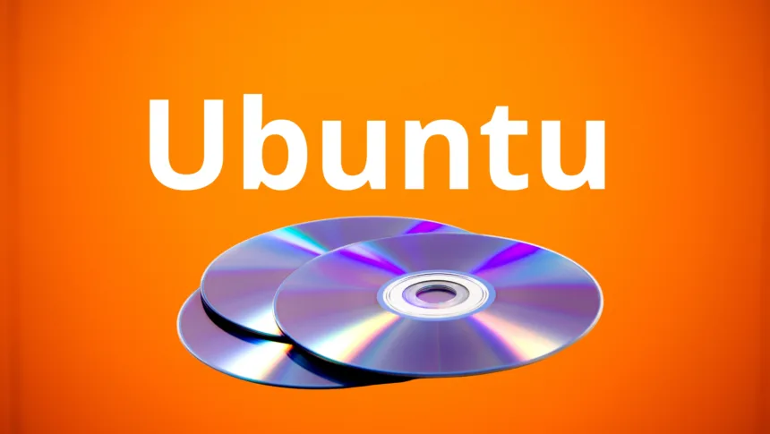 CDs reluzentes do Ubuntu sobre fundo laranja vibrante — referência ao bug do CD de graça Ubuntu