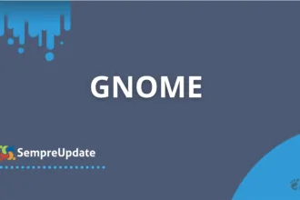 Banner em fundo azul-acinzentado com a palavra “GNOME” em letras brancas centralizadas; no canto inferior esquerdo aparece o logotipo colorido do SempreUpdate e, no canto inferior direito, o ícone de pegada do GNOME.