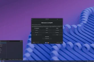 Desktop do CachyOS Julho 2025 exibindo a tela de boas-vindas do instalador com interface Plasma, fundo roxo em gradiente e menus modernos, destacando o foco em usabilidade e experiência de usuário para gamers no Linux.