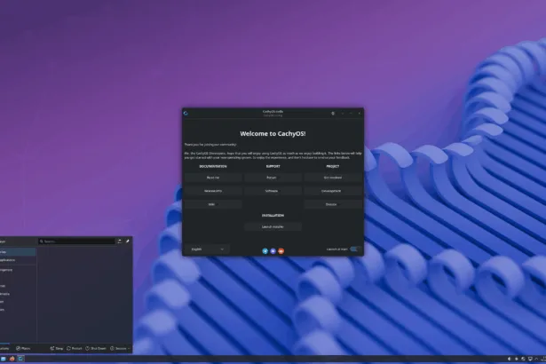 Desktop do CachyOS Julho 2025 exibindo a tela de boas-vindas do instalador com interface Plasma, fundo roxo em gradiente e menus modernos, destacando o foco em usabilidade e experiência de usuário para gamers no Linux.