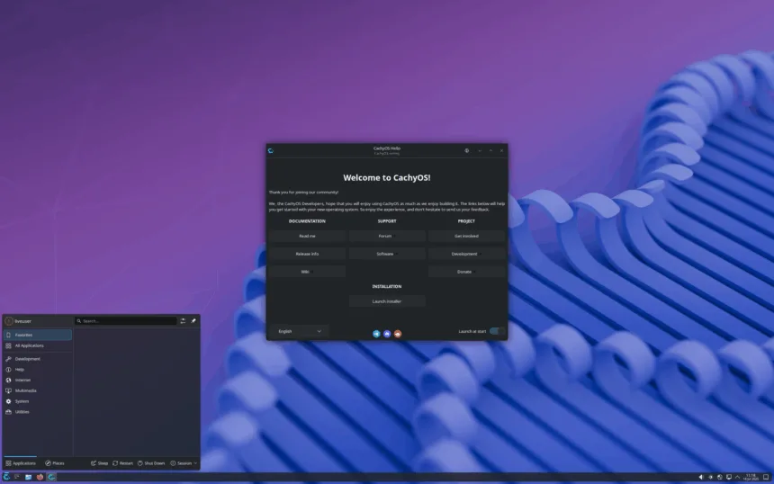 Desktop do CachyOS Julho 2025 exibindo a tela de boas-vindas do instalador com interface Plasma, fundo roxo em gradiente e menus modernos, destacando o foco em usabilidade e experiência de usuário para gamers no Linux.