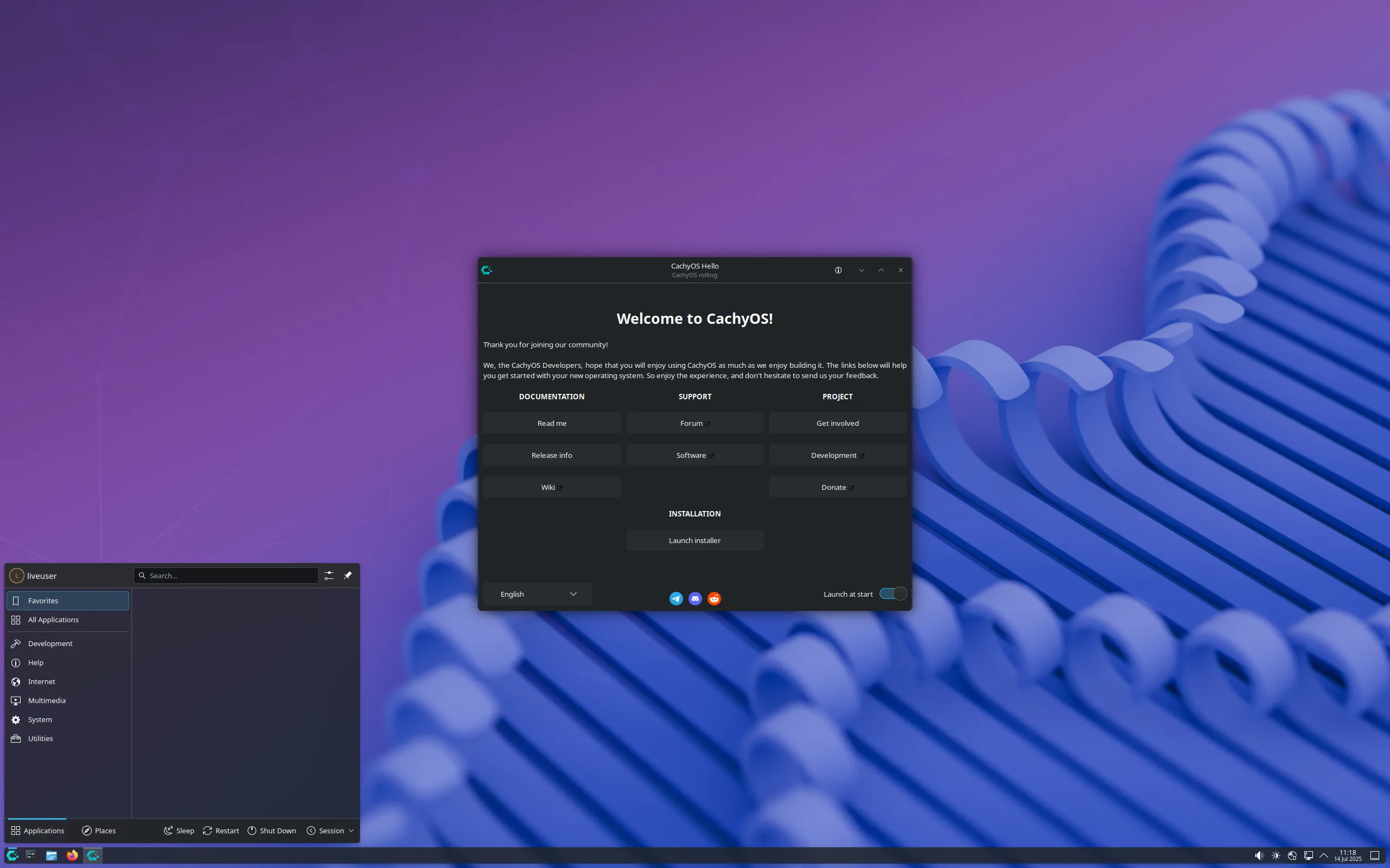 Desktop do CachyOS Julho 2025 exibindo a tela de boas-vindas do instalador com interface Plasma, fundo roxo em gradiente e menus modernos, destacando o foco em usabilidade e experiência de usuário para gamers no Linux.