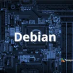 “Ilustração de placa‑mãe azul com o texto ‘Debian’ em destaque ao centro e o logotipo do SempreUpdate no canto inferior direito – imagem de capa para artigo sobre Debian em laptops ARM64 com Qualcomm X Elite.