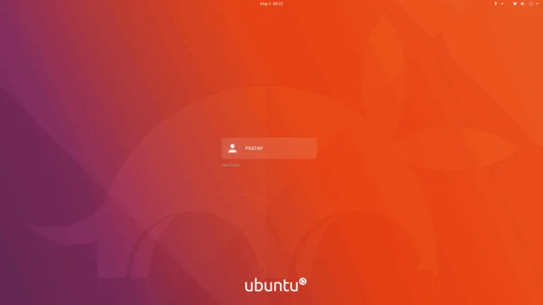 Tela de login do Ubuntu com gradiente roxo‑laranja Yaru, marco da evolução na guerra das cores Ubuntu
