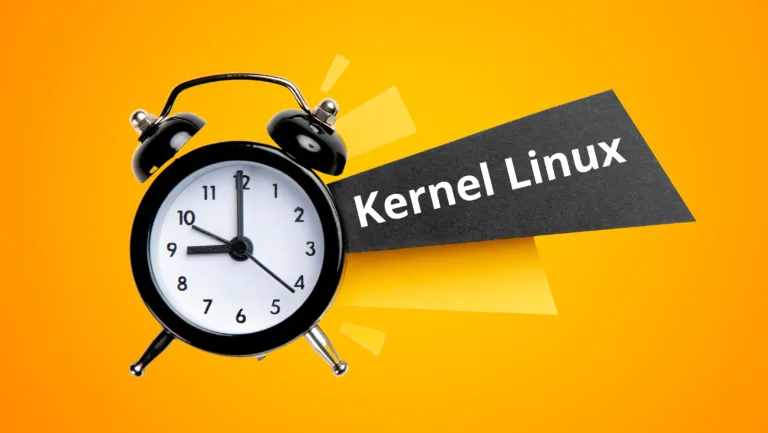 Relógio despertador em fundo laranja com a palavra Kernel Linux em destaque, simbolizando otimização de tempo e desempenho no agendamento de threads.