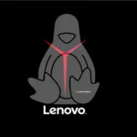 Pinguim Tux estilizado com LED vermelho no peito em alusão à linha Lenovo Gaming, sobre fundo preto com logotipo Lenovo e marca SempreUpdate na pata.