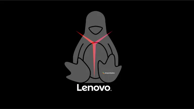 Pinguim Tux estilizado com LED vermelho no peito em alusão à linha Lenovo Gaming, sobre fundo preto com logotipo Lenovo e marca SempreUpdate na pata.