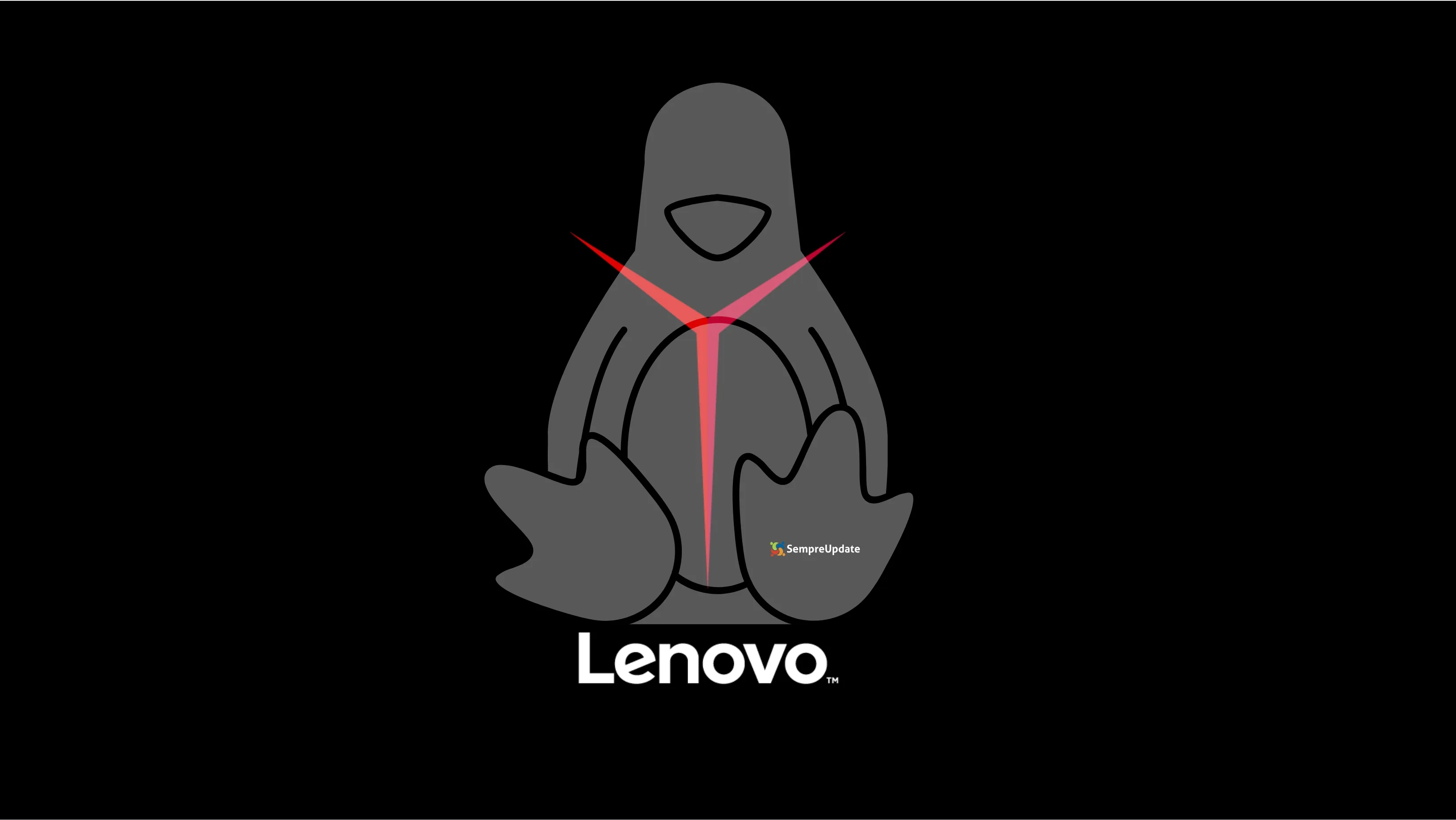 Pinguim Tux estilizado com LED vermelho no peito em alusão à linha Lenovo Gaming, sobre fundo preto com logotipo Lenovo e marca SempreUpdate na pata.
