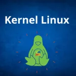 Banner em fundo azul com o texto ‘Kernel Linux’ e ilustração do pinguim Tux estilizado em verde, cercado por marcações vermelhas.