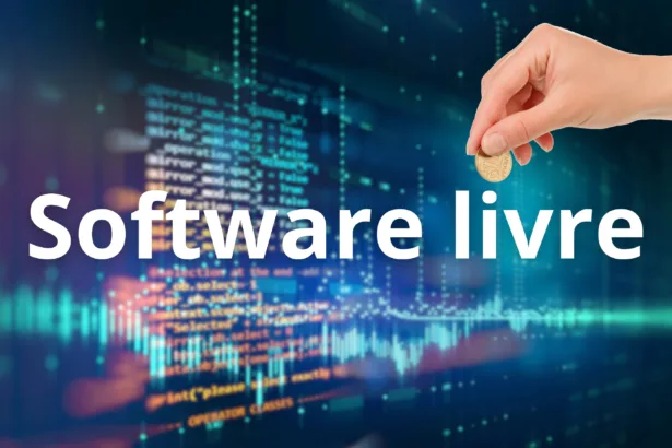 Conceito visual do paradoxo software livre pago com código digital e moeda representando valor econômico