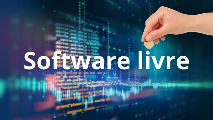 Conceito visual do paradoxo software livre pago com código digital e moeda representando valor econômico