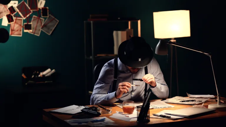 Detetive analisando pistas em ambiente escuro, representando o monitoramento de sistema Linux nos bastidores.