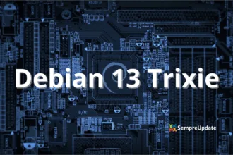 Debian 13 Trixie destaque sobre fundo de placa-mãe eletrônica, marca SempreUpdate