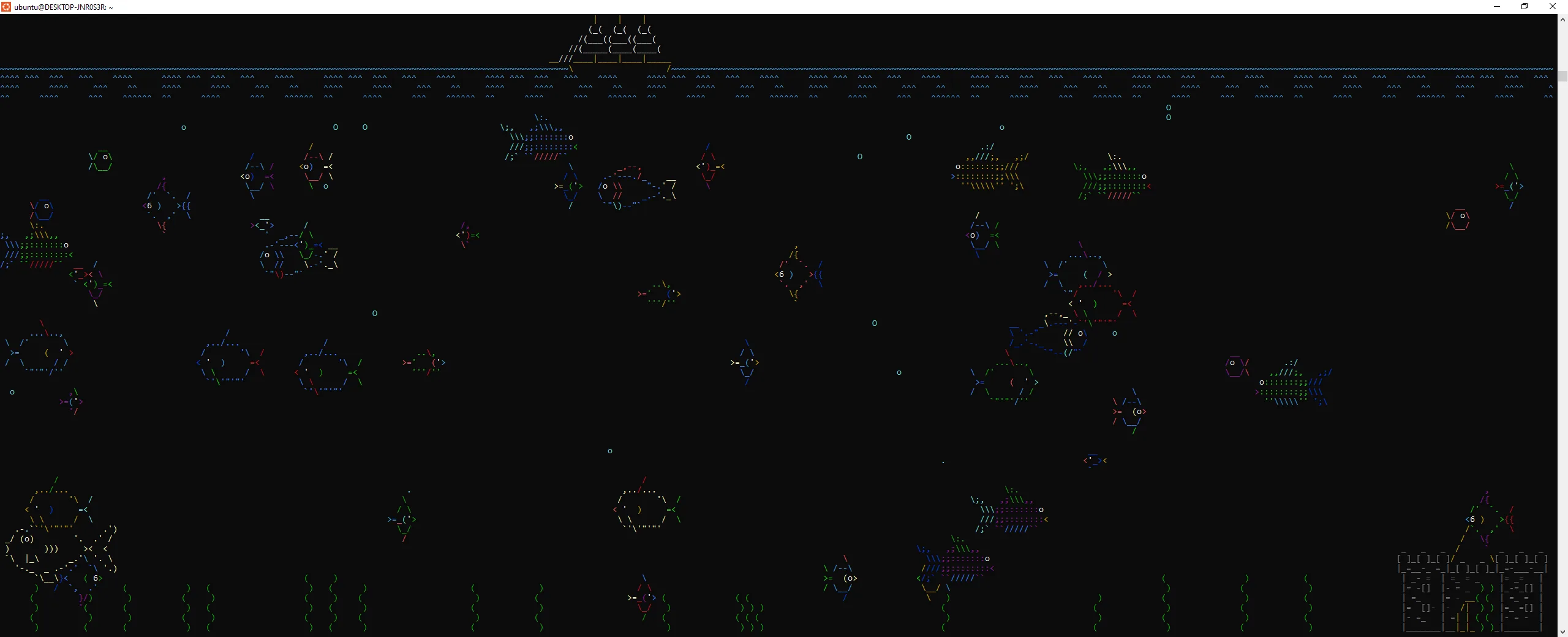 Aquário animado no terminal Linux com asciiquarium em execução