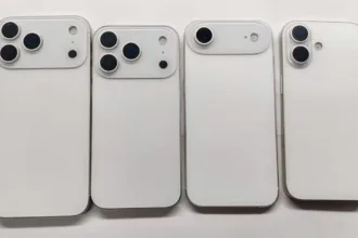 Mock‑ups da linha iPhone 17 — Pro Max, Pro, Air e modelo base — em acabamento branco mostrando diferentes módulos de câmera