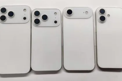 Mock‑ups da linha iPhone 17 — Pro Max, Pro, Air e modelo base — em acabamento branco mostrando diferentes módulos de câmera